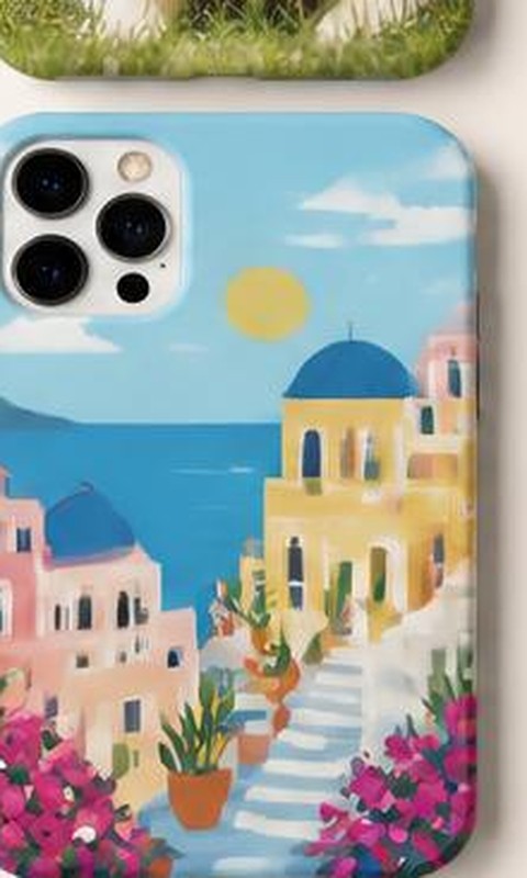 Funda de móvil con una ilustración colorida de un pueblo costero
