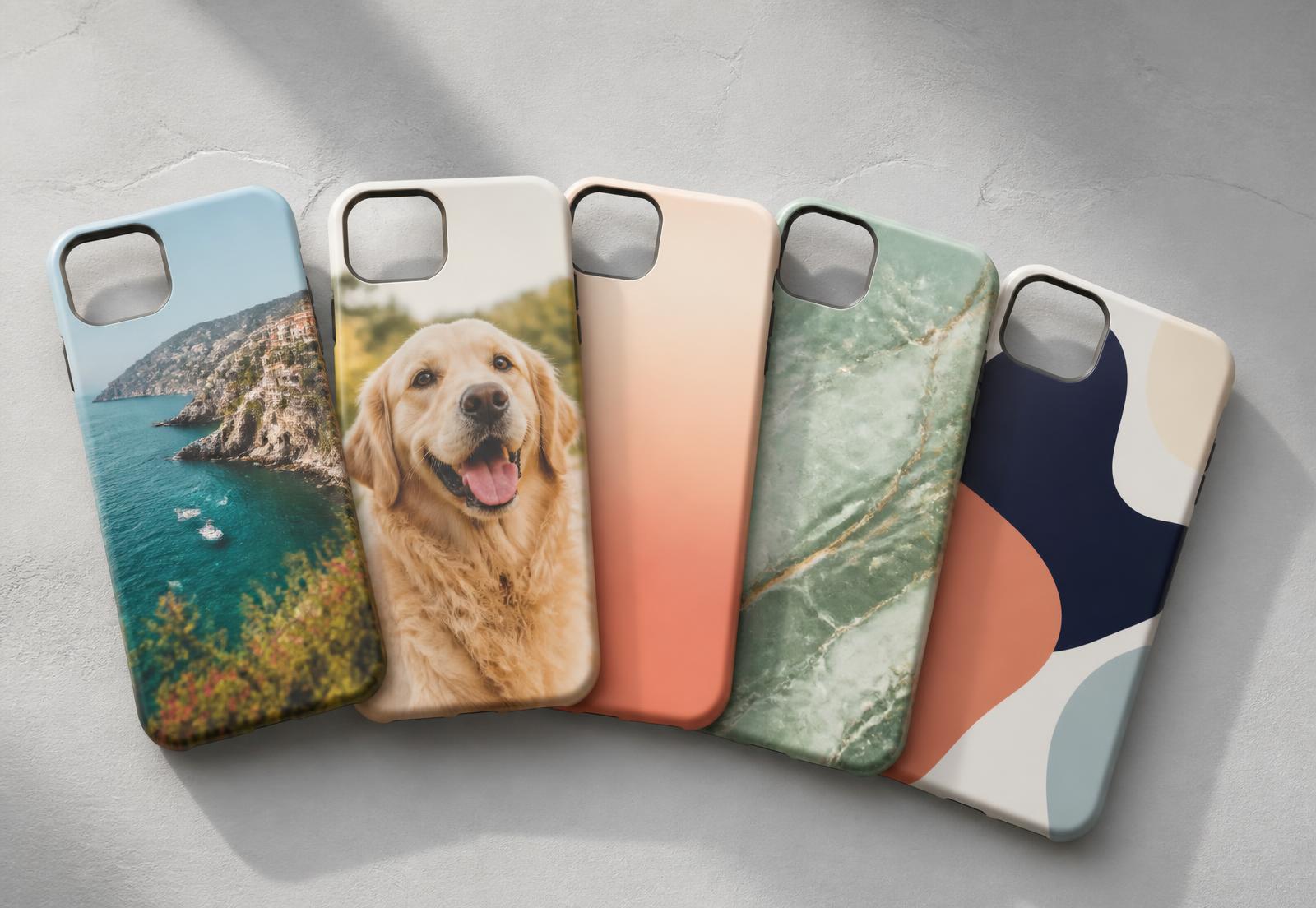 Cinco fundas de móvil personalizadas con diseños impresos distintos colocadas una junto a otra