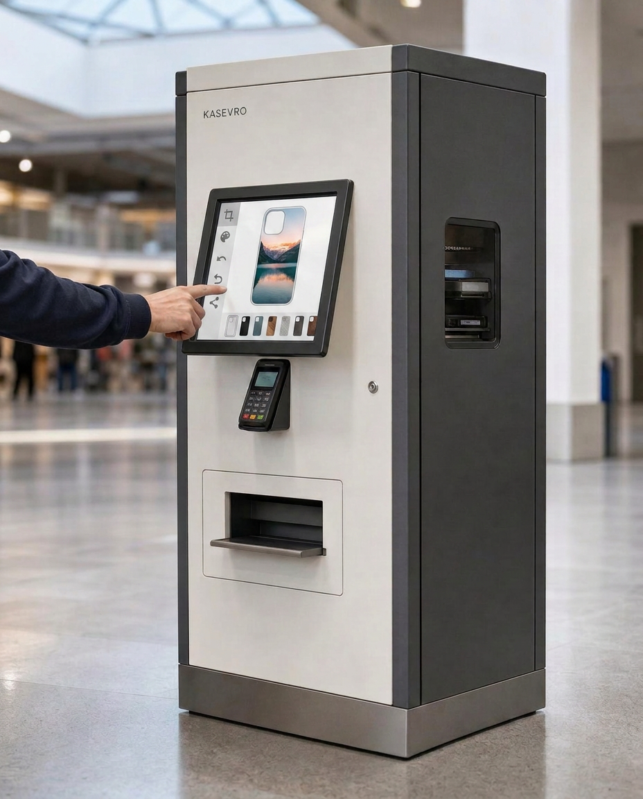 Kiosco compacto de autoservicio con pantalla táctil, terminal de pago con tarjeta y bandeja de recogida en una zona de paso interior, con una mano tocando la pantalla