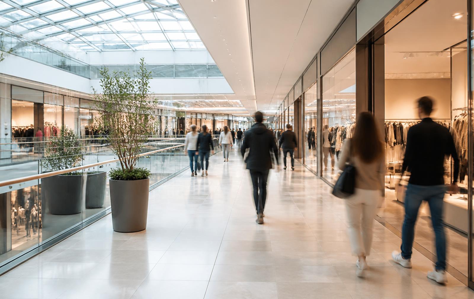 Pasillo luminoso de un centro comercial con clientes paseando entre tiendas